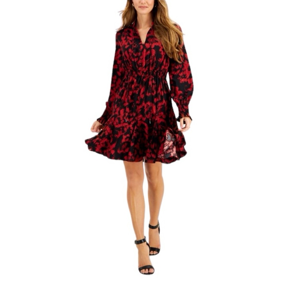 TAYLOR Womens Red Tie Smocked Unlined Pleated Floral A-Line Dress Size 8